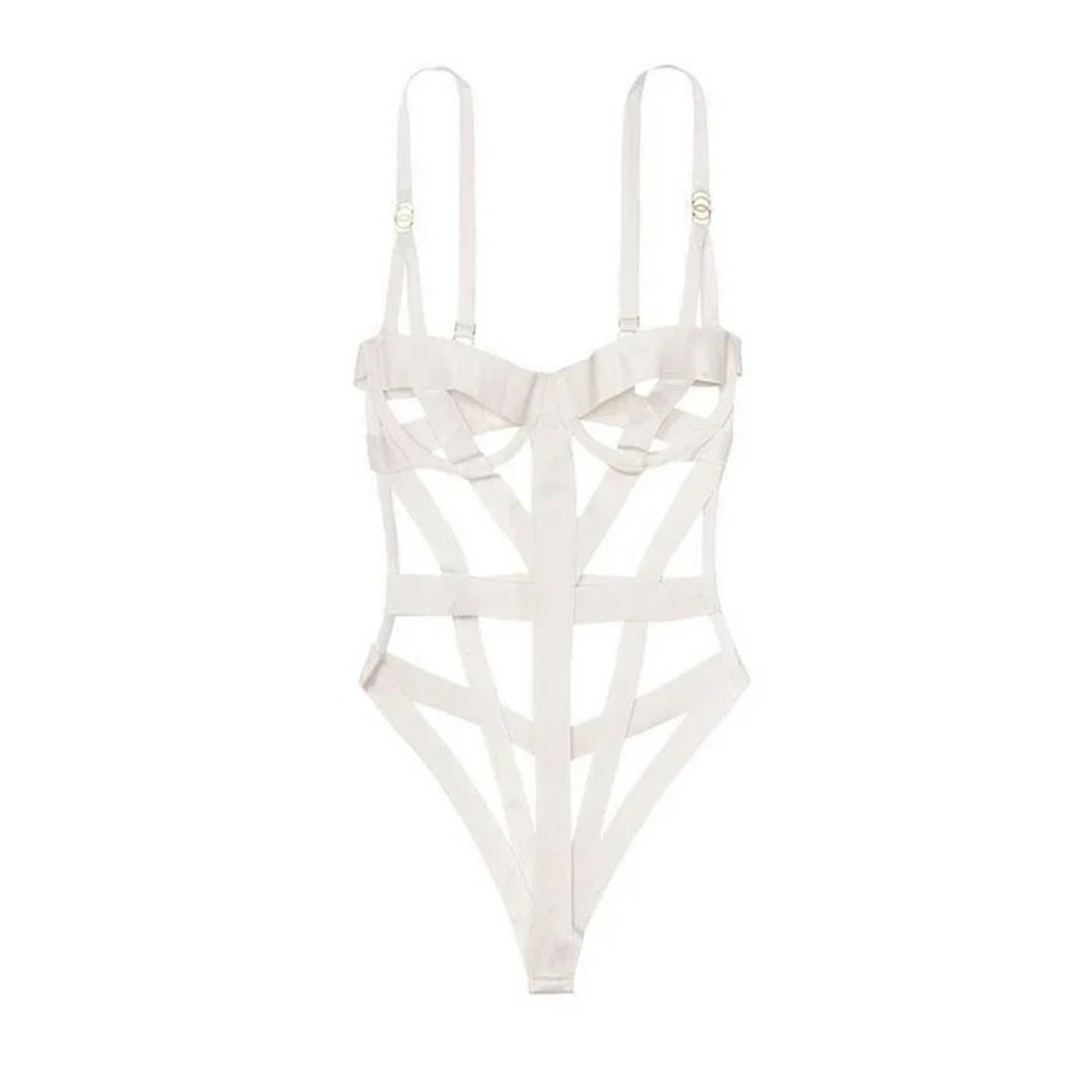 Victoria’s Secret Luxe strappy Banded Caged Teddy Lingerie White NWT